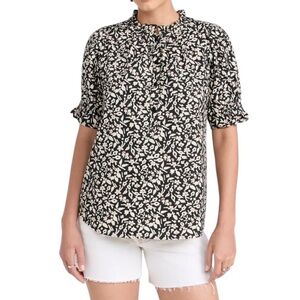 Apiece Apart Black and Cream Floral Short-Sleeve Blouse